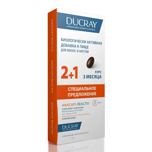 Дюкрэ Биологически активная добавка к пище для волос и кожи головы Reactiv, 3 х 30 мл (Ducray, Anacaps)