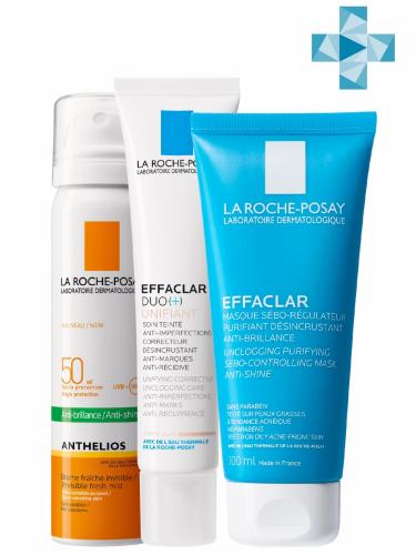Ля Рош Позе Набор для путешествий для проблемной кожи: тонирующий крем, 40 мл + очищающая маска, 100 мл + матирующий спрей-вуаль SPF 50+, 75 мл (La Roche-Posay, Effaclar)