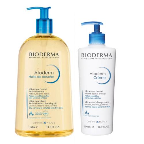 Биодерма Набор (масло для душа, 1 л + крем, 500 мл) (Bioderma, Atoderm)