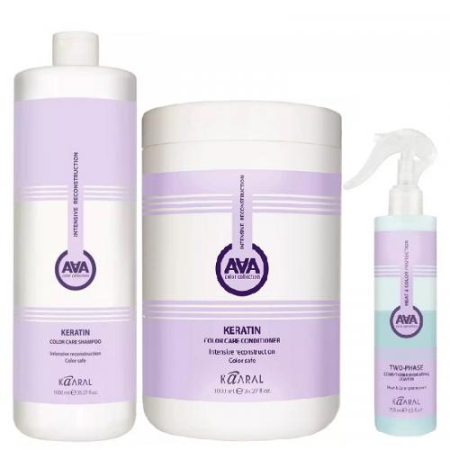 Каарал Набор для восстановления окрашенных и химически обработанных волос (шампунь, 1000 мл + кондиционер,1000 мл + спрей, 250 мл), 1 шт (Kaaral, AAA, Keratin Color Care)