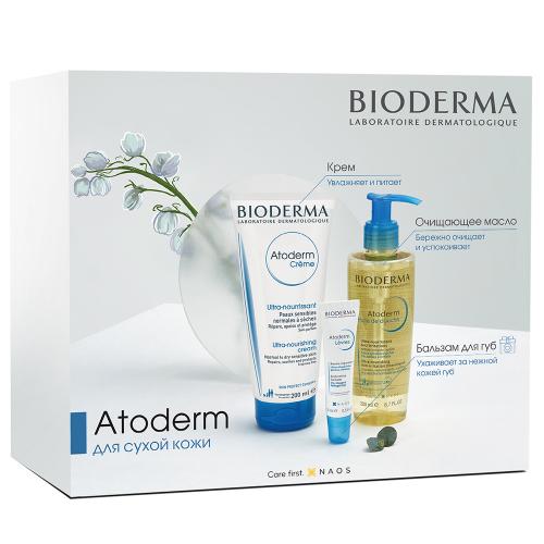 Биодерма Весенний набор для сухой кожи Atoderm (Очищающее масло, 200 мл + Крем для увлажнения, 200 мл + Бальзам для губ, 15 мл) (Bioderma, Atoderm)
