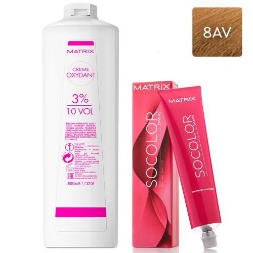 Матрикс Набор Перманентный краситель Socolor beauty 8AV, 90 мл + Оксидант 3%, 1000 мл (Matrix, Окрашивание, Socolor.beauty)