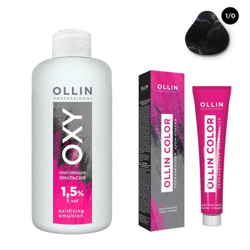 Оллин Набор &quot;Перманентная крем-краска для волос Ollin Color оттенок 1/0 иссиня-черный 100 мл + Окисляющая эмульсия Oxy 1,5% 150 мл&quot; (Ollin Professional, Окрашивание волос, Ollin Color)