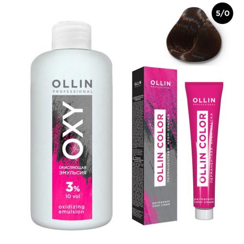 Оллин Набор &quot;Перманентная крем-краска для волос Ollin Color оттенок 5/0 светлый шатен 100 мл + Окисляющая эмульсия Oxy 3% 150 мл&quot; (Ollin Professional, Окрашивание волос, Ollin Color)