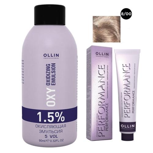 Оллин Набор &quot;Перманентная крем-краска для волос Ollin Performance оттенок 8/00 светло-русый глубокий 60 мл + Окисляющая эмульсия Oxy 1,5% 90 мл&quot; (Ollin Professional, Окрашивание волос, Ollin Performance)