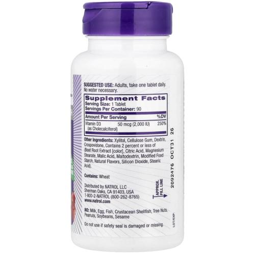 Натрол Витамин D3 быстрорастворимый со вкусом клубники 2000, 90 таблеток (Natrol, Витамины), фото-2