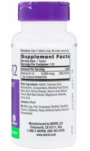 Натрол Витамин B-12 быстрорастворимый со вкусом клубники 5000 мкг, 100 таблеток (Natrol, Витамины), фото-7