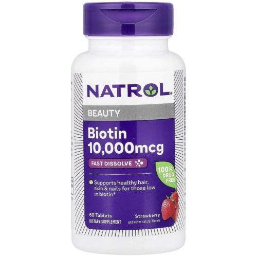 Натрол Биотин быстрорастворимый со вкусом клубники 10000 мкг, 60 таблеток (Natrol, Витамины)