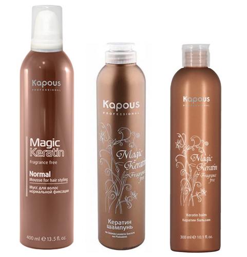 Капус Профессионал Набор для волос Magic Keratin (шампунь 300 мл + бальзам 300 мл + мусс 400 мл) (Kapous Professional, Fragrance free, Magic Keratin)