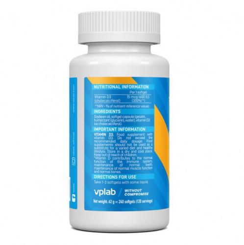 ВПЛаб Витамин Д3 600 МЕ, 240 капсул (VPLab, Core), фото-2