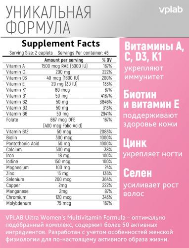ВПЛаб Мультивитаминный комплекс для женщин Multivitamin Formula, 60 таблеток (VPLab, Ultra Women's), фото-5