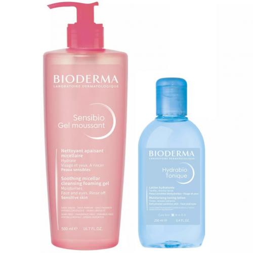 Биодерма Набор для очищения и увлажнения кожи (лосьон, 250 мл + гель, 500 мл) (Bioderma, Sensibio)