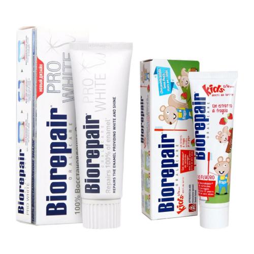 Биорепейр Набор зубных паст для взрослых и детей, 75 мл + 50 мл (Biorepair, Отбеливание и лечение)