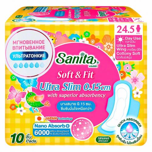 Санита Ультратонкие гигиенические прокладки Soft &amp; Fit Ultra Slim 24,5 см, 10  шт (Sanita, )