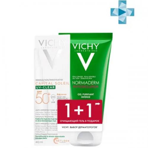 Виши Набор Очищение и защита для кожи, склонной к несовершенствам (солнцезащитный флюид UV-Clear SPF 50+ 40 мл + очищающий гель 50 мл) (Vichy, Capital Soleil)