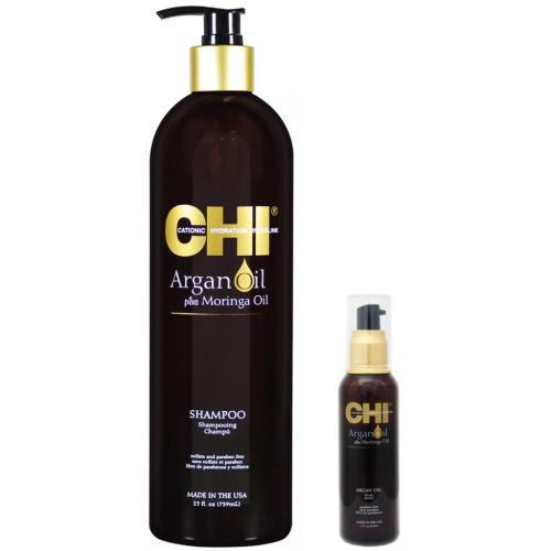 Чи Набор средств с маслом арганы для сухих и поврежденных волос (шампунь 739 мл + масло 89 мл) (Chi, Argan Oil)