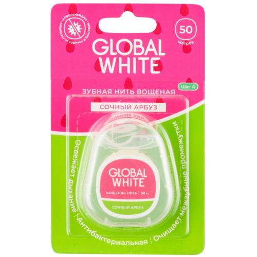Глобал Уайт Вощеная зубная нить &quot;Сочный арбуз&quot; с хлоргексидином, 50 м (Global White, Поддержание эффекта отбеливания)