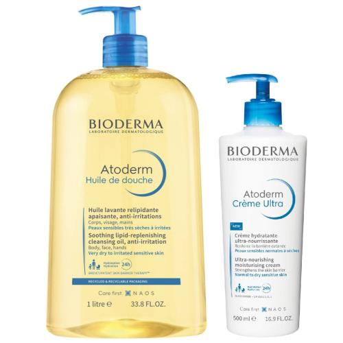 Биодерма Набор для лица и тела: масло для душа 1 л + крем Ультра 500 мл (Bioderma, Atoderm)