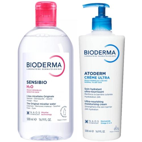 Биодерма Набор для лица и тела (мицеллярная вода 500 мл + крем Ультра 500 мл) (Bioderma, Sensibio)