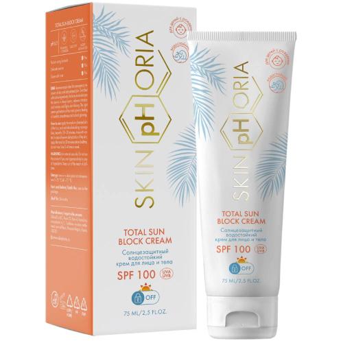 Скинфория Солнцезащитный водостойкий крем для лица и тела SPF100 Total Sun Block Cream 0+, 75 мл (SkinpHoria, Sun)