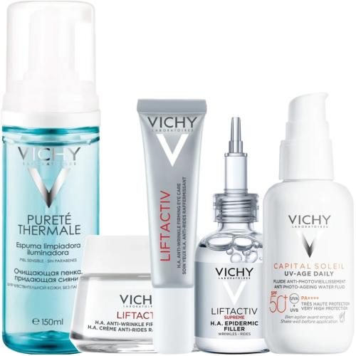 Виши Программа Liftactiv Supreme комплексный уход: пенка 150 мл + крем для сухой кожи 50 мл + крем для век 15 мл + сыворотка 30 мл + флюид SPF50+ 40 мл (Vichy, Liftactiv), фото-3