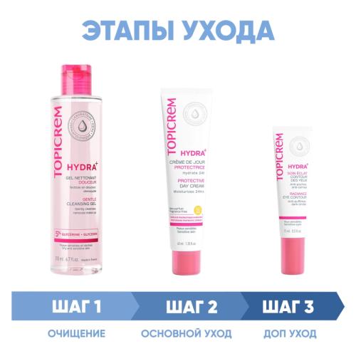 Топикрем Программа Hydra комплексный уход: гель 200 мл + крем SPF50 40 мл + крем для век 15 мл (Topicrem, Hydra+ Чувствительная кожа лица), фото-2