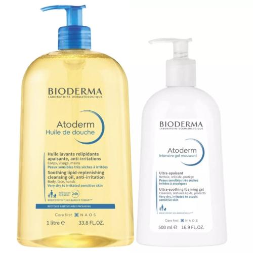 Биодерма Набор Atoderm (Очищающий гель-мусс Атодерм Интенсив, 500 мл + Масло для душа Атодерм, 1 л) (Bioderma, Atoderm)