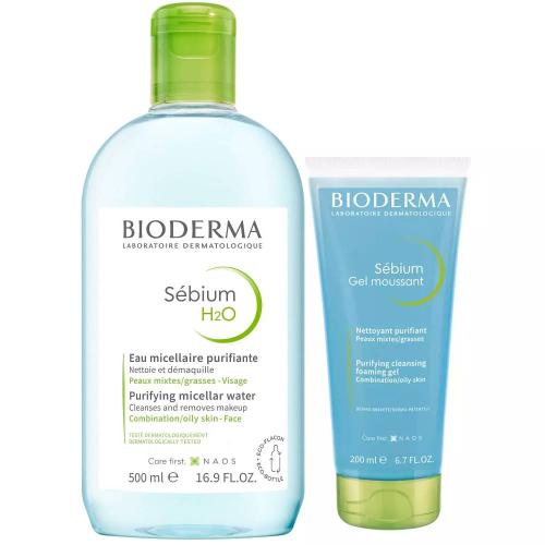 Биодерма Набор Sebium (Очищающая мицеллярная вода Себиум H2O, 500 мл + Очищающий гель-мусс без помпы Себиум, 200 мл) (Bioderma, Sebium)