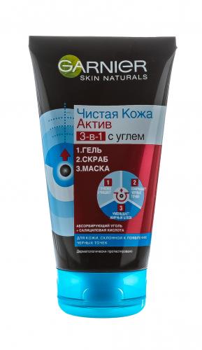 Гарньер Гель Маска Скраб Актив 3в1 с углём 150 мл (Garnier, Skin Naturals, Чистая кожа), фото-2