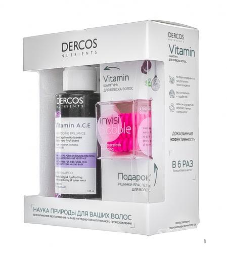 Виши Набор Vitamin Шампунь для блеска волос Dercos Nutrients 100 мл + Резинка-браслет для волос Invisibobble 3 шт (Vichy, Dercos Nutrients), фото-3